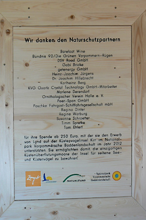 Spendentafel in der Schutzhütte am Kirranleger, Foto: H. Sporns Kirr, Ornithologischer Verein Halle, Spendentafel, Spende, NATUREFUND